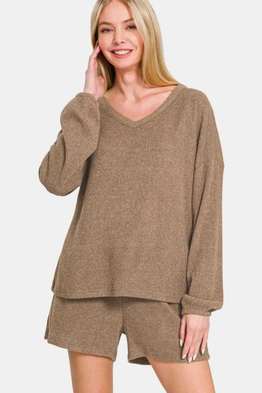 Zenana V - Neck Long Sleeve Ribbed Top and Shorts Set - Hopeford Streams