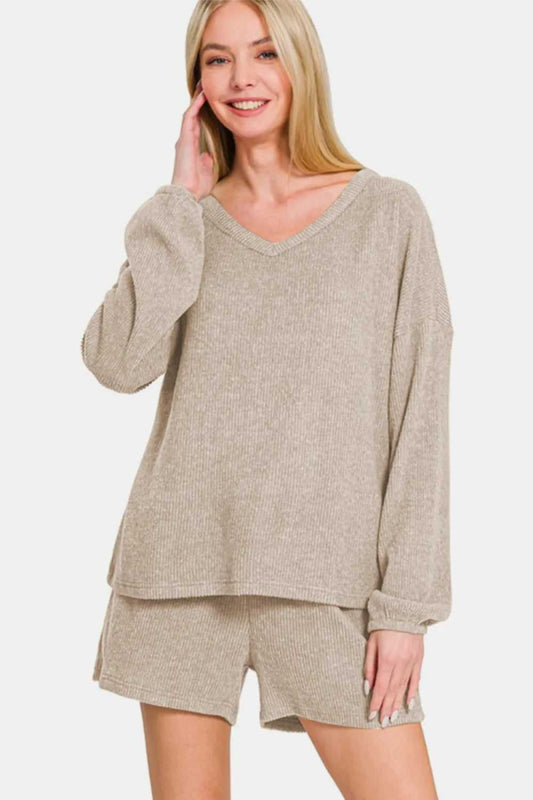Zenana V - Neck Long Sleeve Ribbed Top and Shorts Set - Hopeford Streams