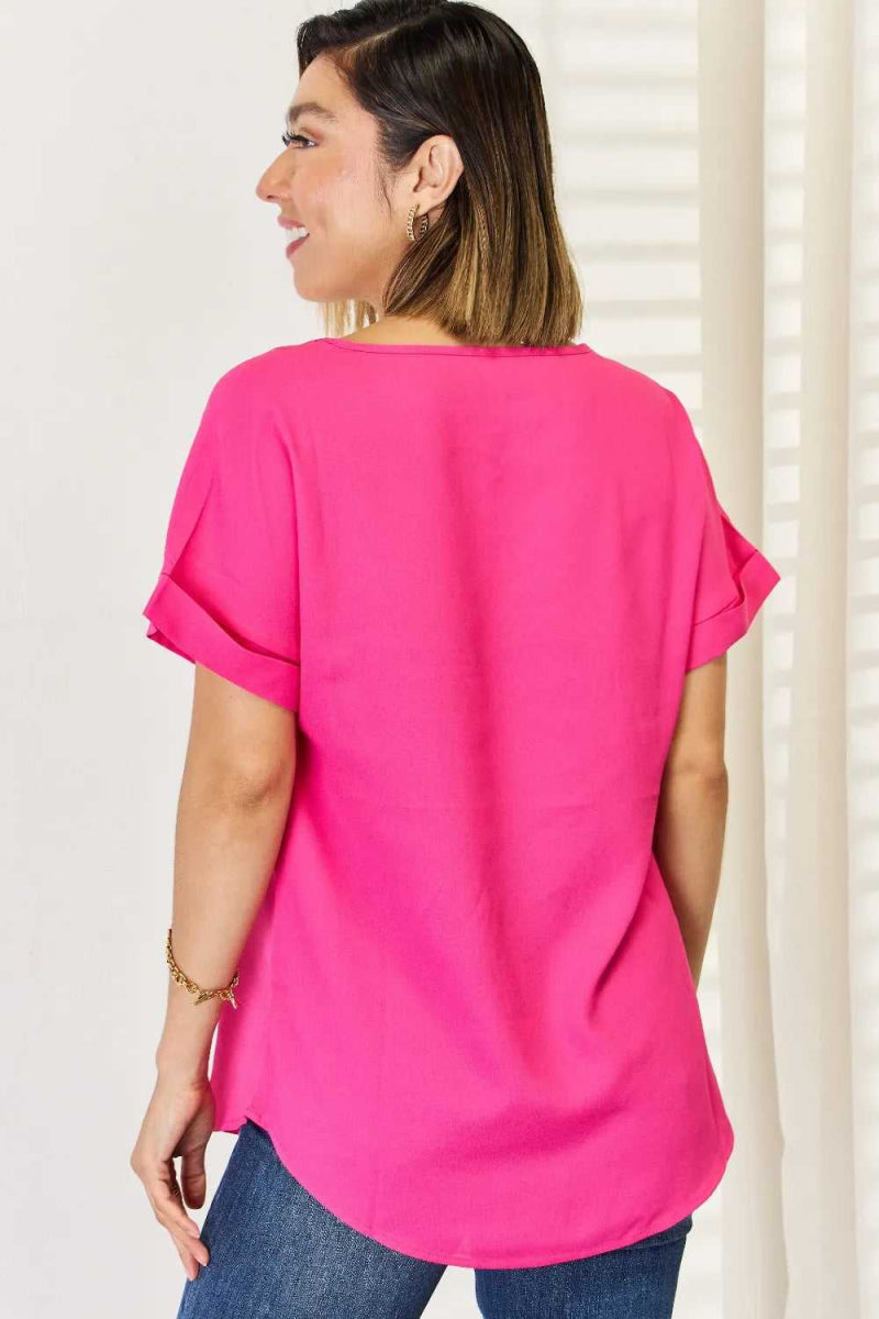 Zenana V - Neck Rolled Short Sleeve T-Shirt - Hopeford Streams