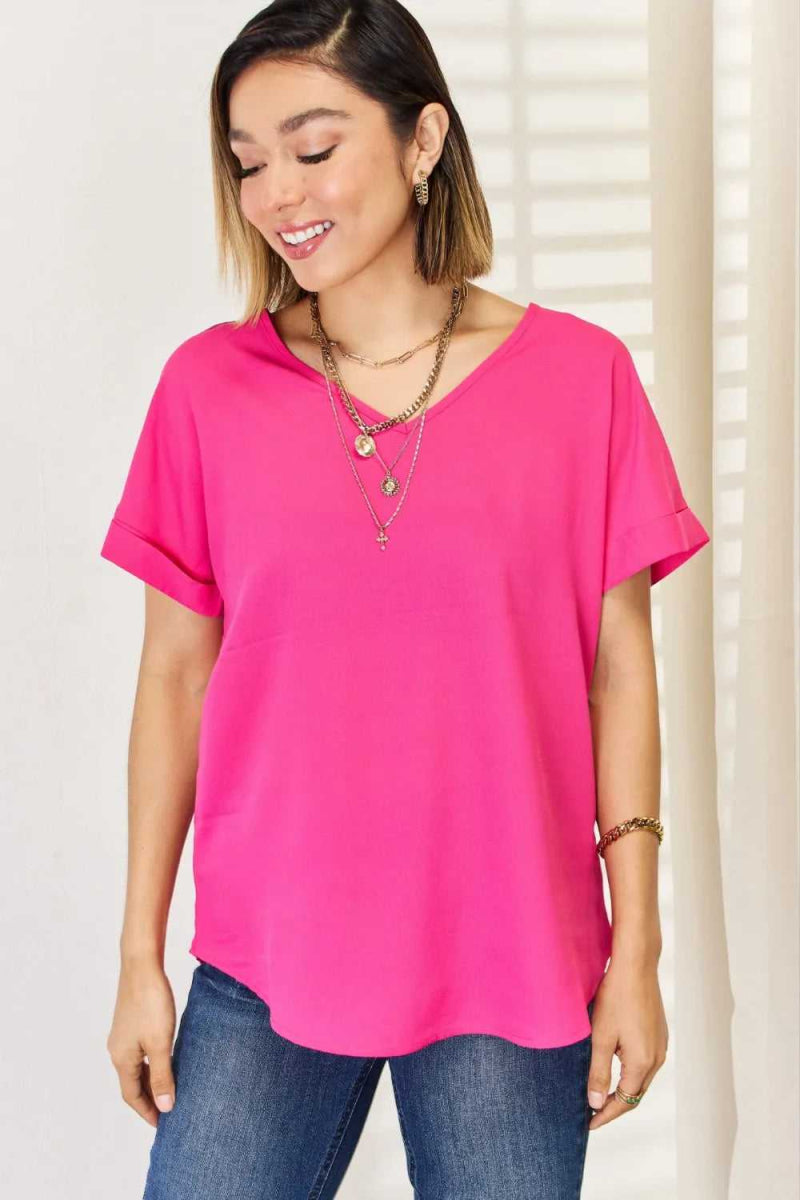 Zenana V - Neck Rolled Short Sleeve T-Shirt - Hopeford Streams