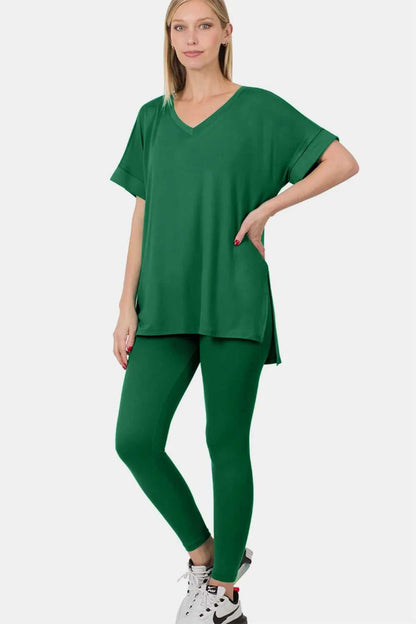 Zenana V - Neck Rolled Short Sleeve T-Shirt and Leggings Lounge Set - Hopeford Streams