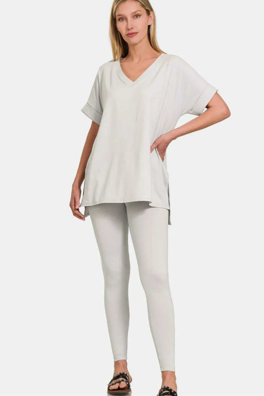 Zenana V - Neck Rolled Short Sleeve T-Shirt and Leggings Lounge Set - Hopeford Streams