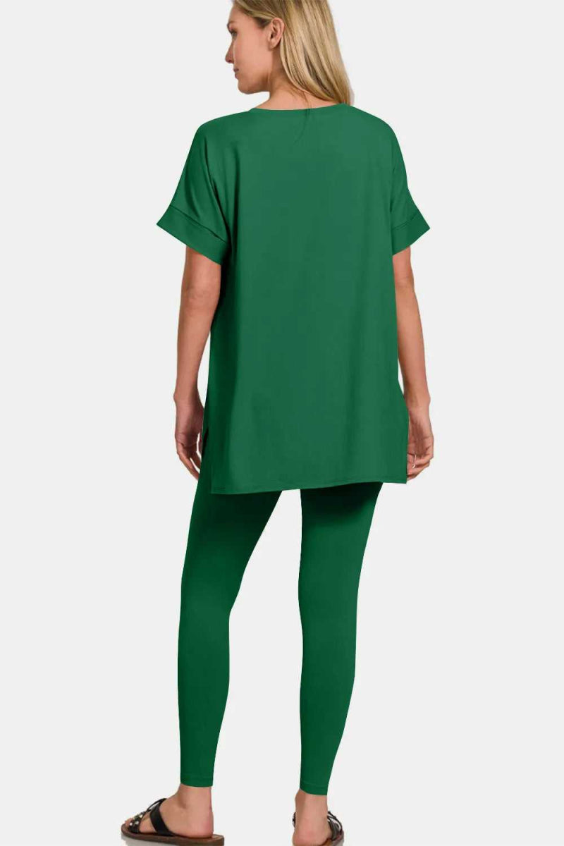 Zenana V - Neck Rolled Short Sleeve T-Shirt and Leggings Lounge Set - Hopeford Streams