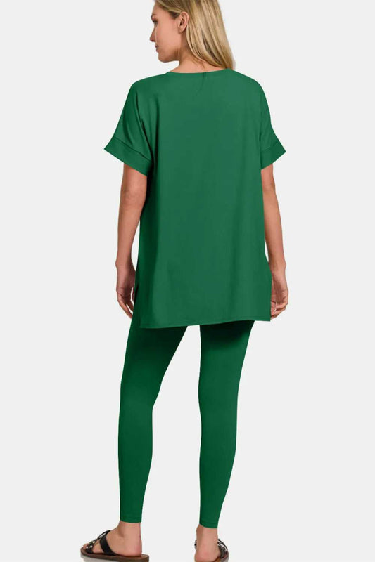 Zenana V - Neck Rolled Short Sleeve T-Shirt and Leggings Lounge Set - Hopeford Streams