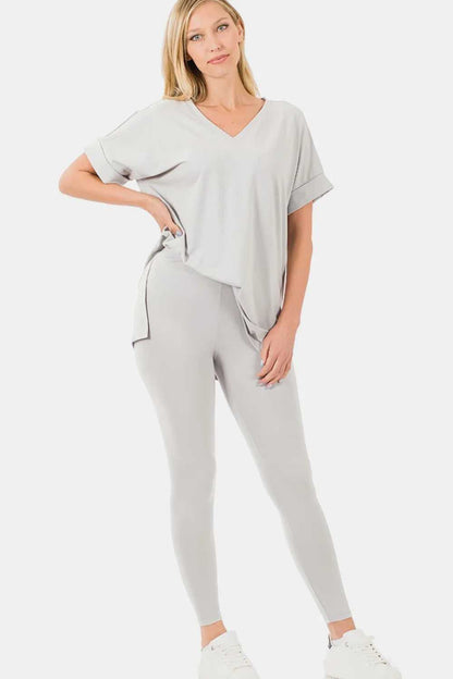 Zenana V - Neck Rolled Short Sleeve T-Shirt and Leggings Lounge Set - Hopeford Streams