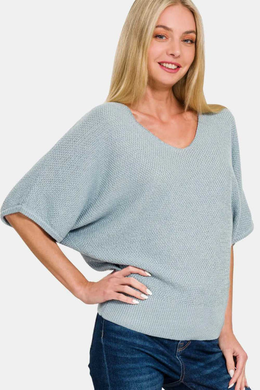 Zenana V - Neck Short Sleeve Dolman Sweater - Hopeford Streams