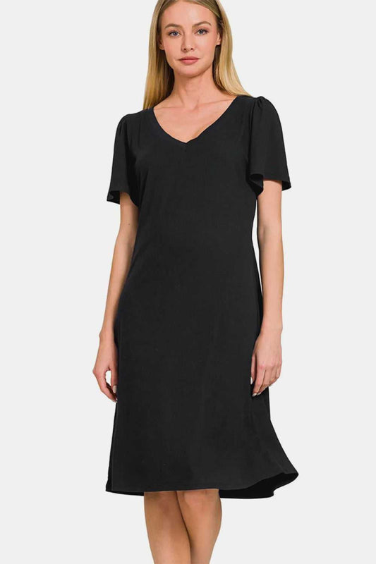 Zenana V - Neck Short Sleeve Dress - Hopeford Streams
