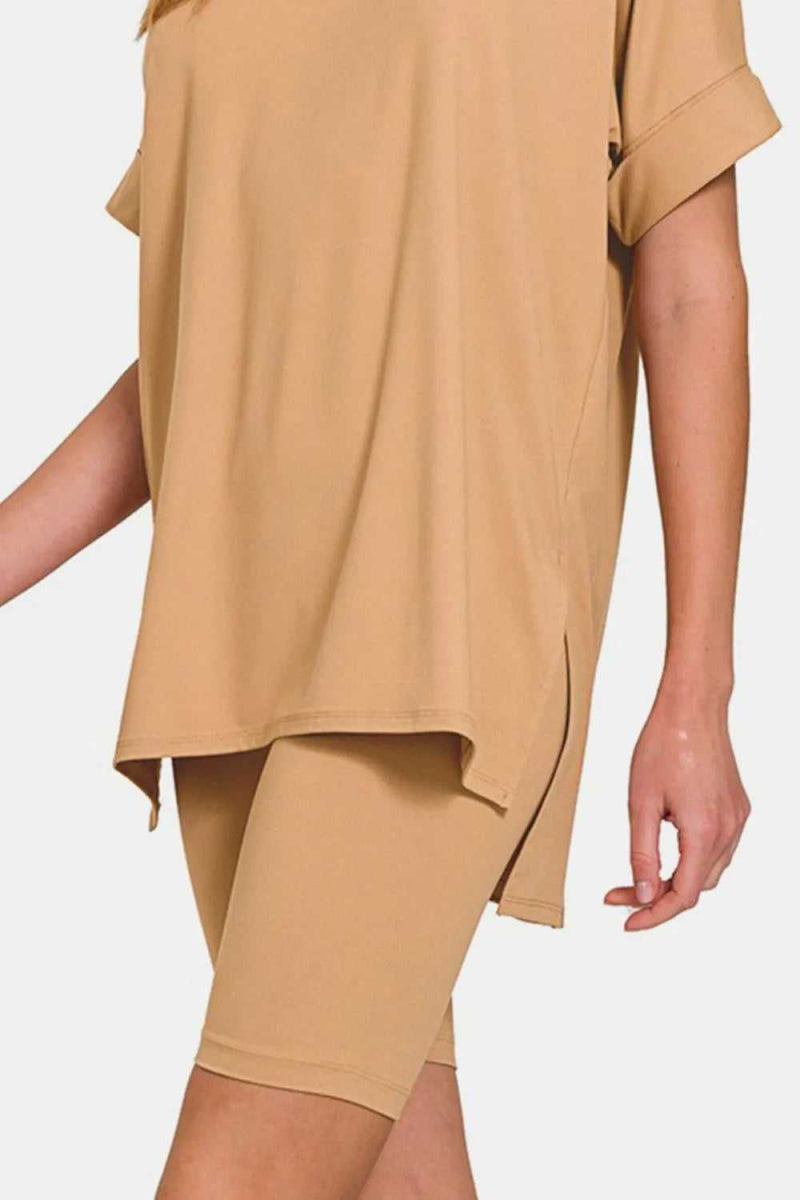 Zenana V - Neck Short Sleeve T-Shirt and Biker Shorts Set - Hopeford Streams