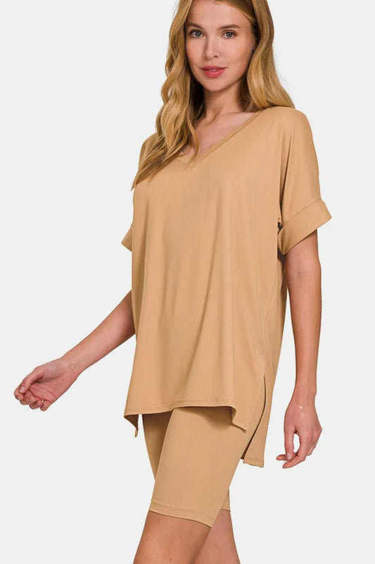 Zenana V - Neck Short Sleeve T-Shirt and Biker Shorts Set - Hopeford Streams