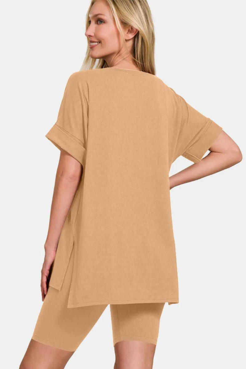 Zenana V - Neck Short Sleeve T-Shirt and Biker Shorts Set - Hopeford Streams