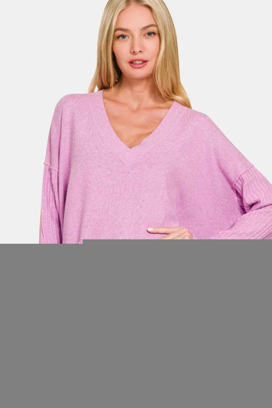 Zenana V - Neck Side Slit High - Low Sweater - Hopeford Streams