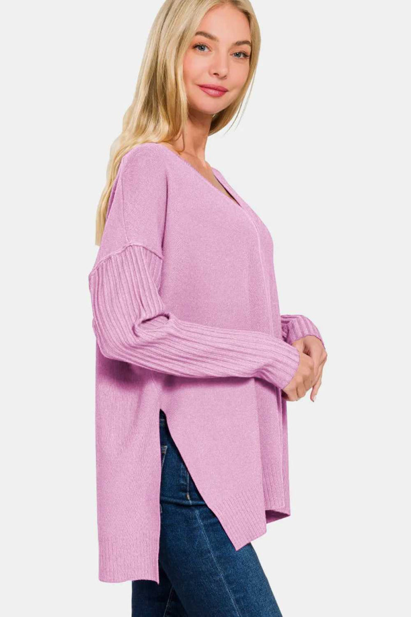 Zenana V - Neck Side Slit High - Low Sweater - Hopeford Streams