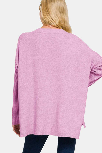 Zenana V - Neck Side Slit High - Low Sweater - Hopeford Streams