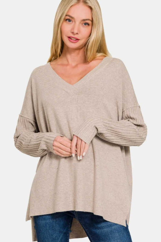 Zenana V - Neck Side Slit High - Low Sweater - Hopeford Streams