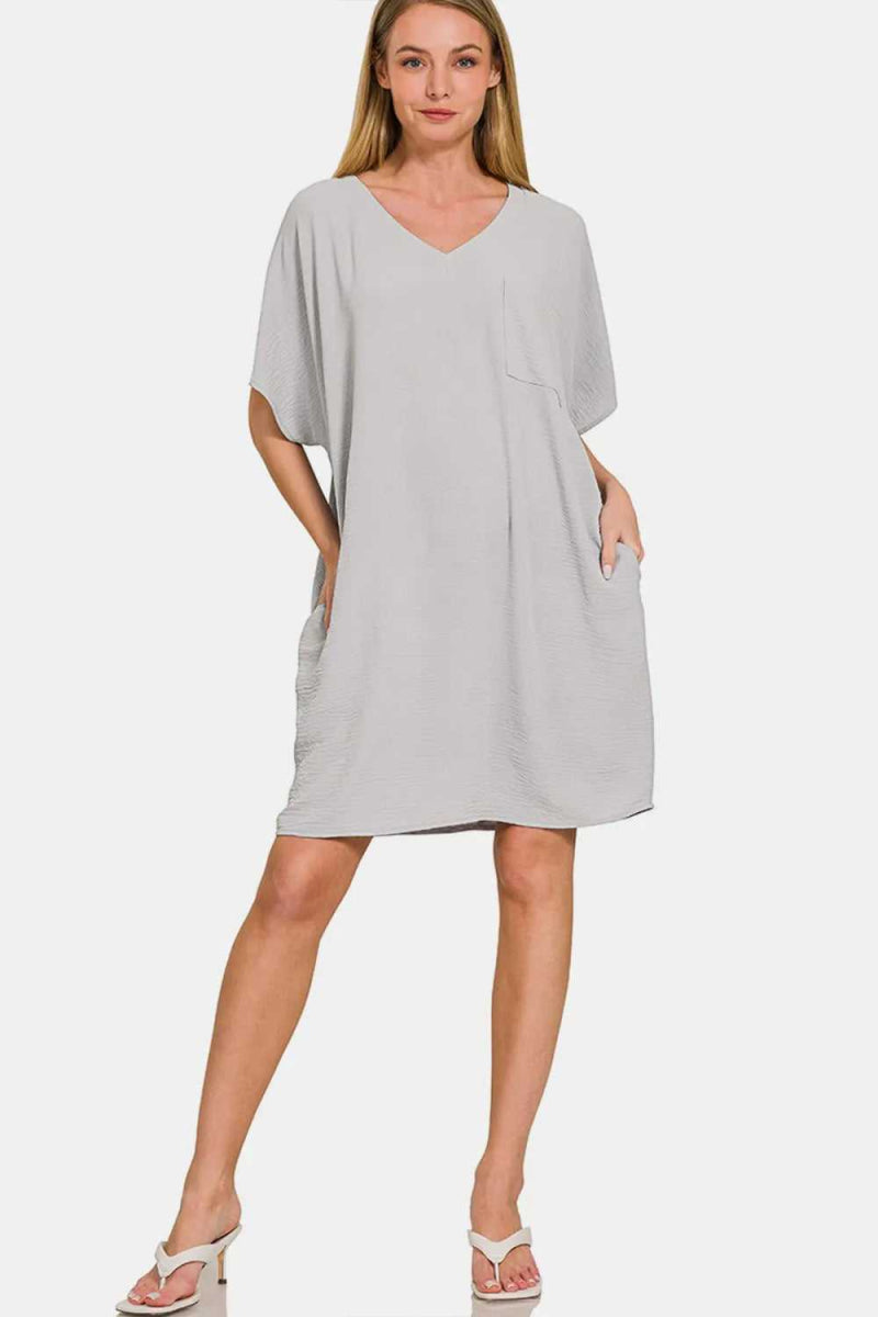 Zenana V - Neck Tee Dress with Pockets - Hopeford Streams