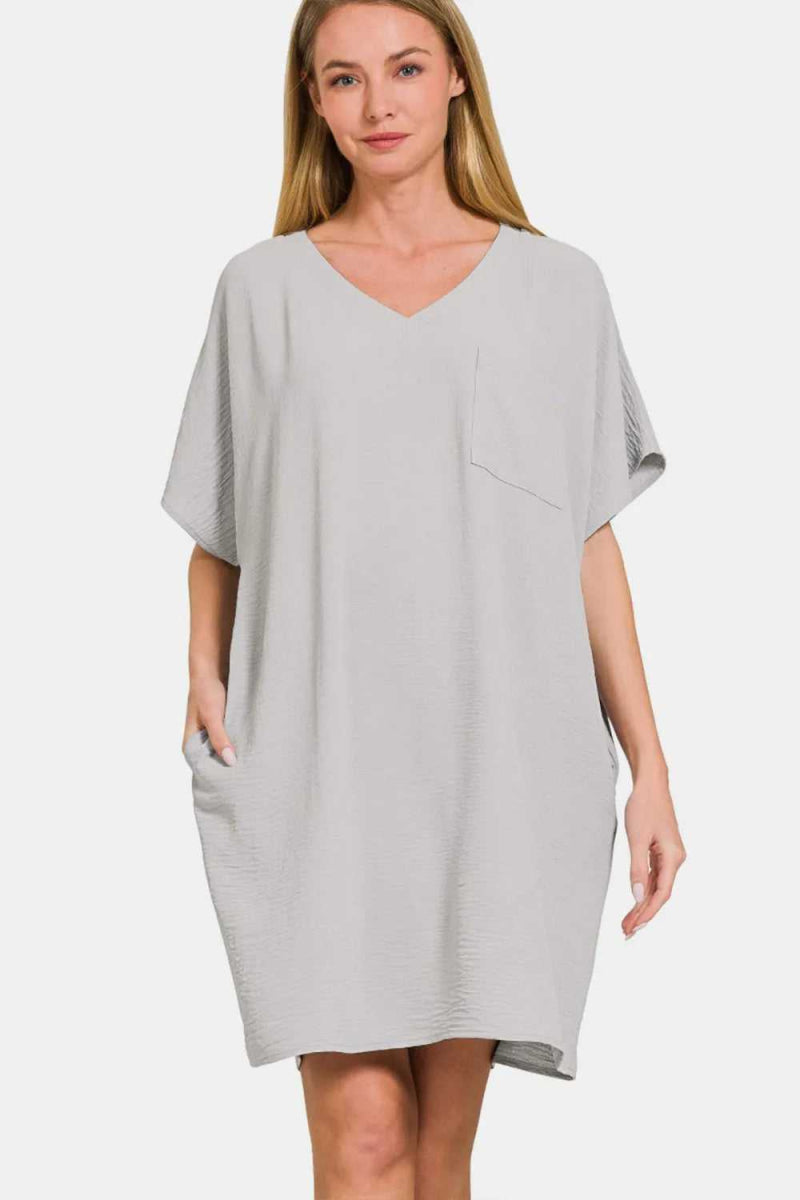 Zenana V - Neck Tee Dress with Pockets - Hopeford Streams