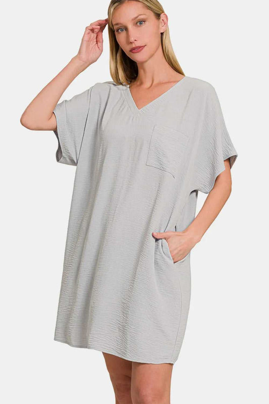 Zenana V - Neck Tee Dress with Pockets - Hopeford Streams