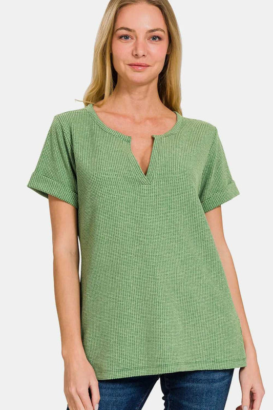 Zenana Waffle Notched Short Sleeve T-Shirt - Hopeford Streams
