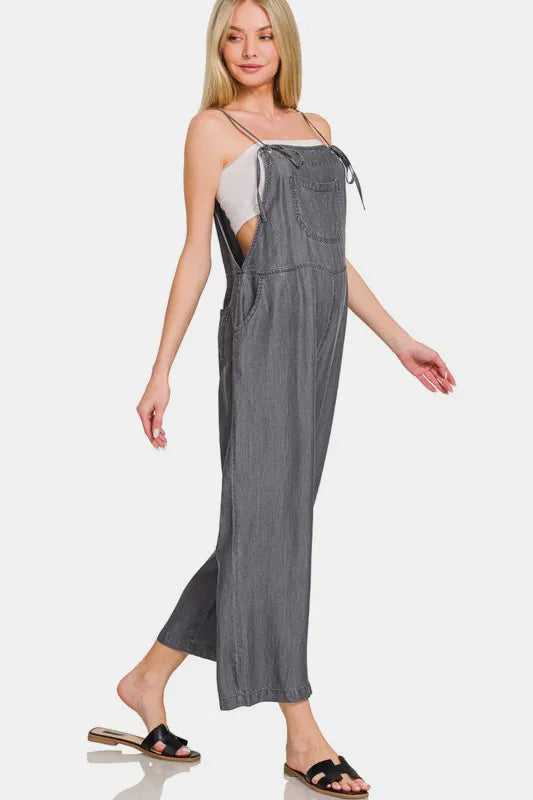 Zenana Washed Adjustable Strap Wide Leg Denim Overalls - Hopeford Streams