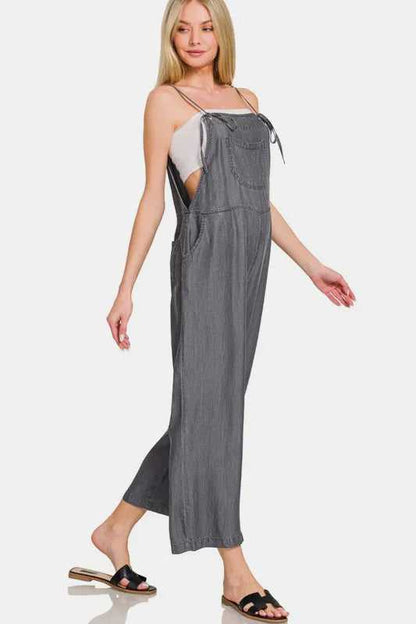 Zenana Washed Adjustable Strap Wide Leg Denim Overalls - Hopeford Streams