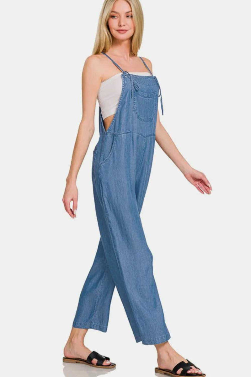 Zenana Washed Adjustable Strap Wide Leg Denim Overalls - Hopeford Streams