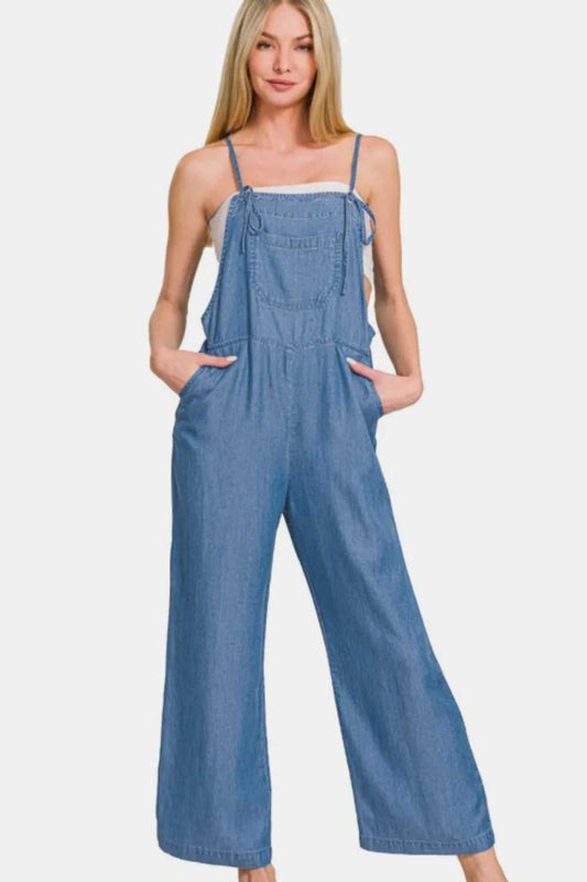Zenana Washed Adjustable Strap Wide Leg Denim Overalls - Hopeford Streams