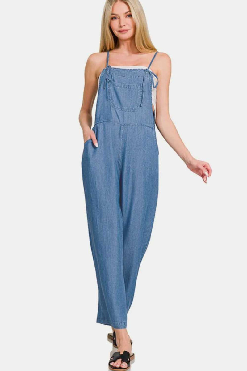 Zenana Washed Adjustable Strap Wide Leg Denim Overalls - Hopeford Streams