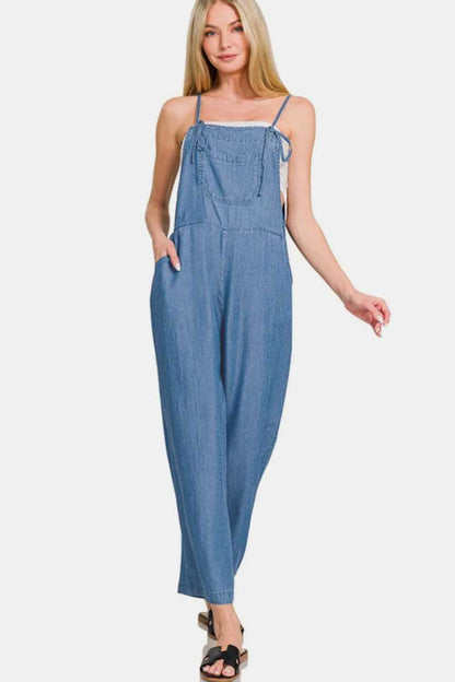 Zenana Washed Adjustable Strap Wide Leg Denim Overalls - Hopeford Streams
