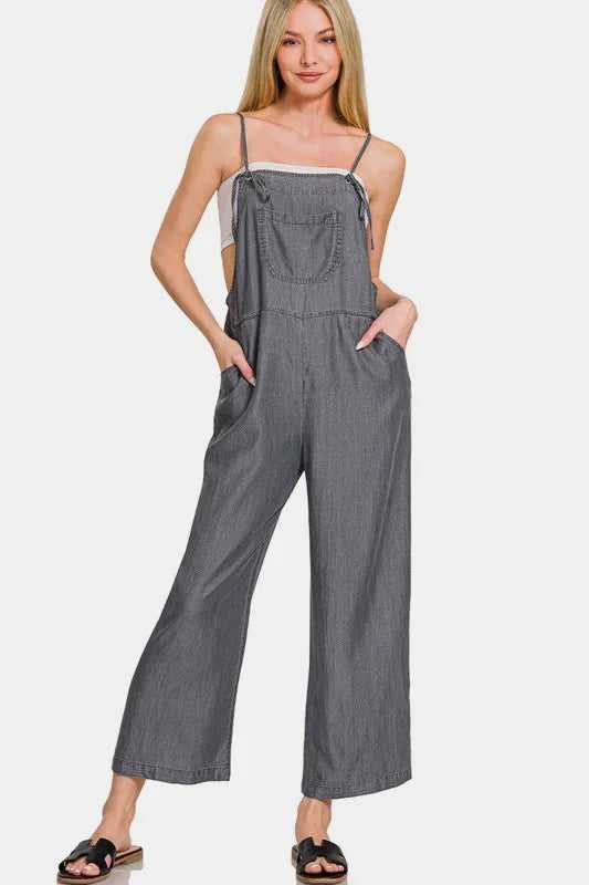 Zenana Washed Adjustable Strap Wide Leg Denim Overalls - Hopeford Streams