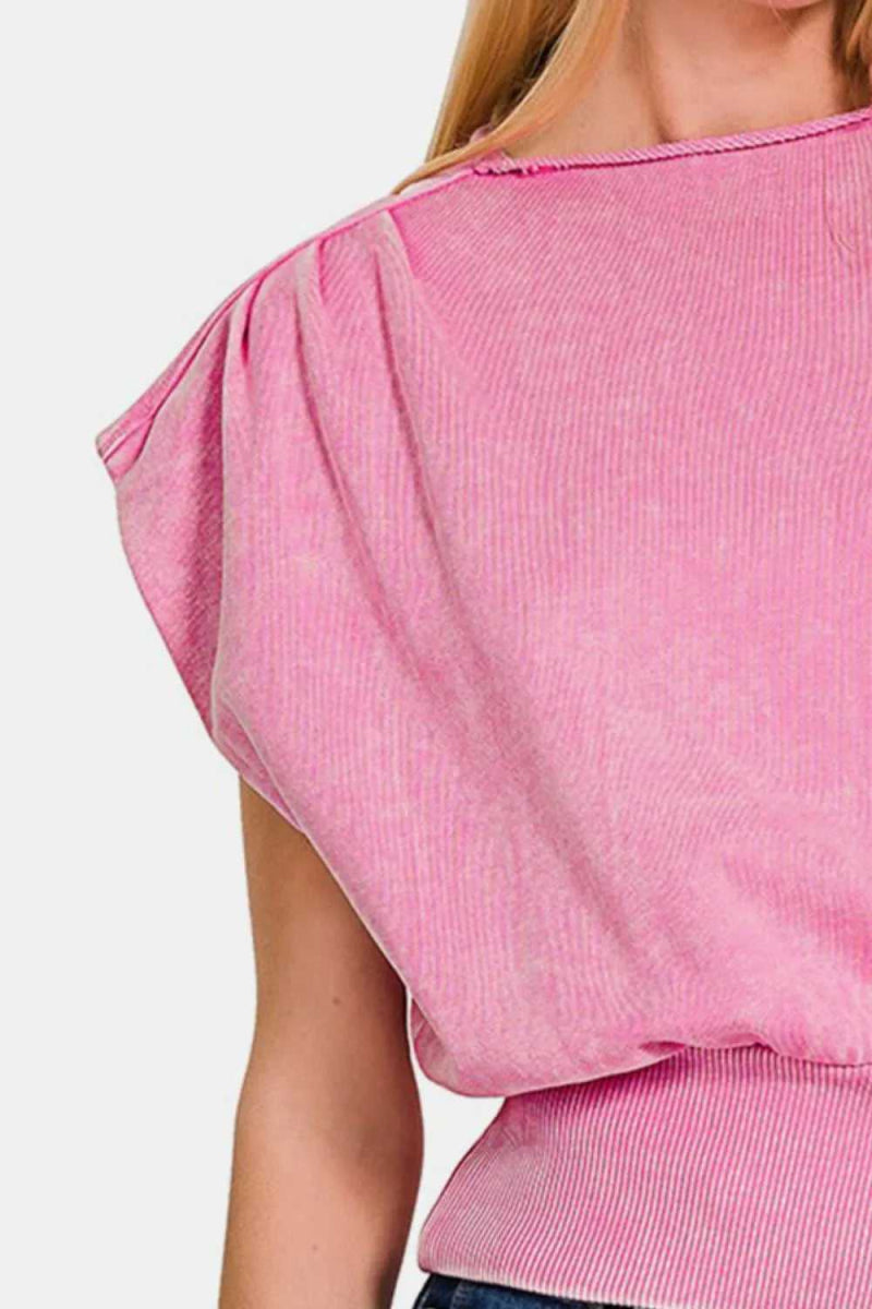 Zenana Washed Boat Neck Bottom Banded Dolman Sleeve Top - Hopeford Streams