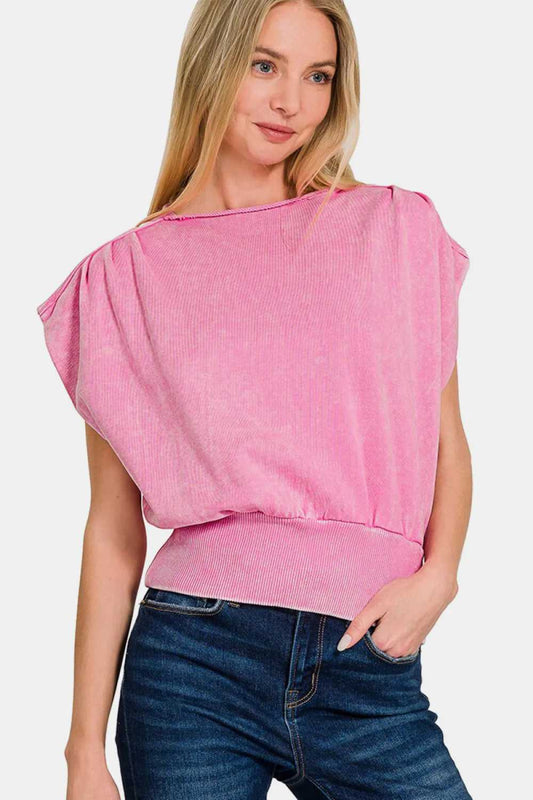 Zenana Washed Boat Neck Bottom Banded Dolman Sleeve Top - Hopeford Streams