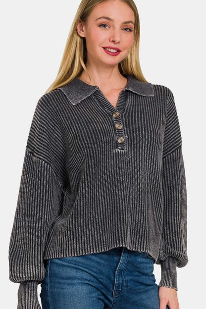 Zenana Washed Half Button Long Sleeve Sweater - Hopeford Streams