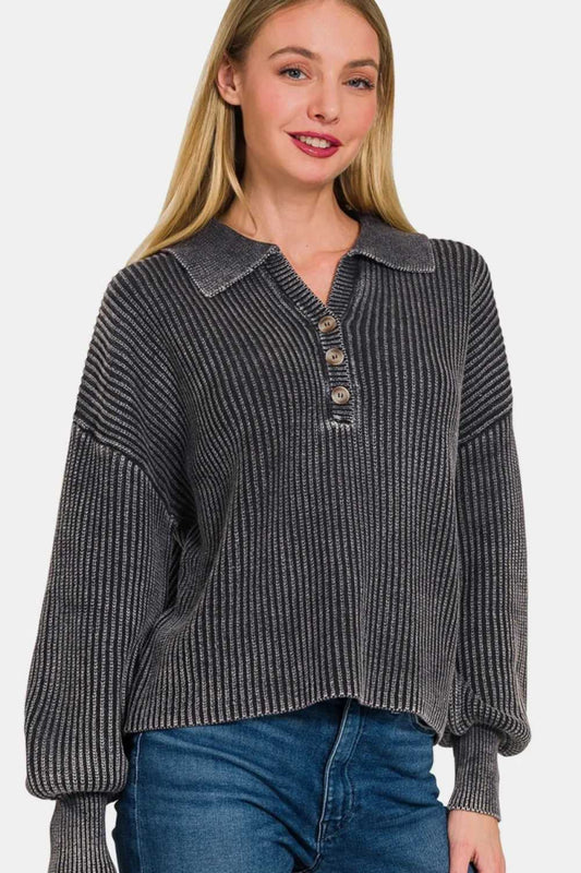 Zenana Washed Half Button Long Sleeve Sweater - Hopeford Streams