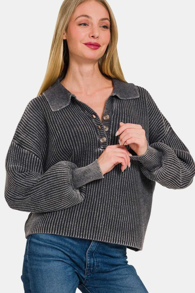 Zenana Washed Half Button Long Sleeve Sweater - Hopeford Streams