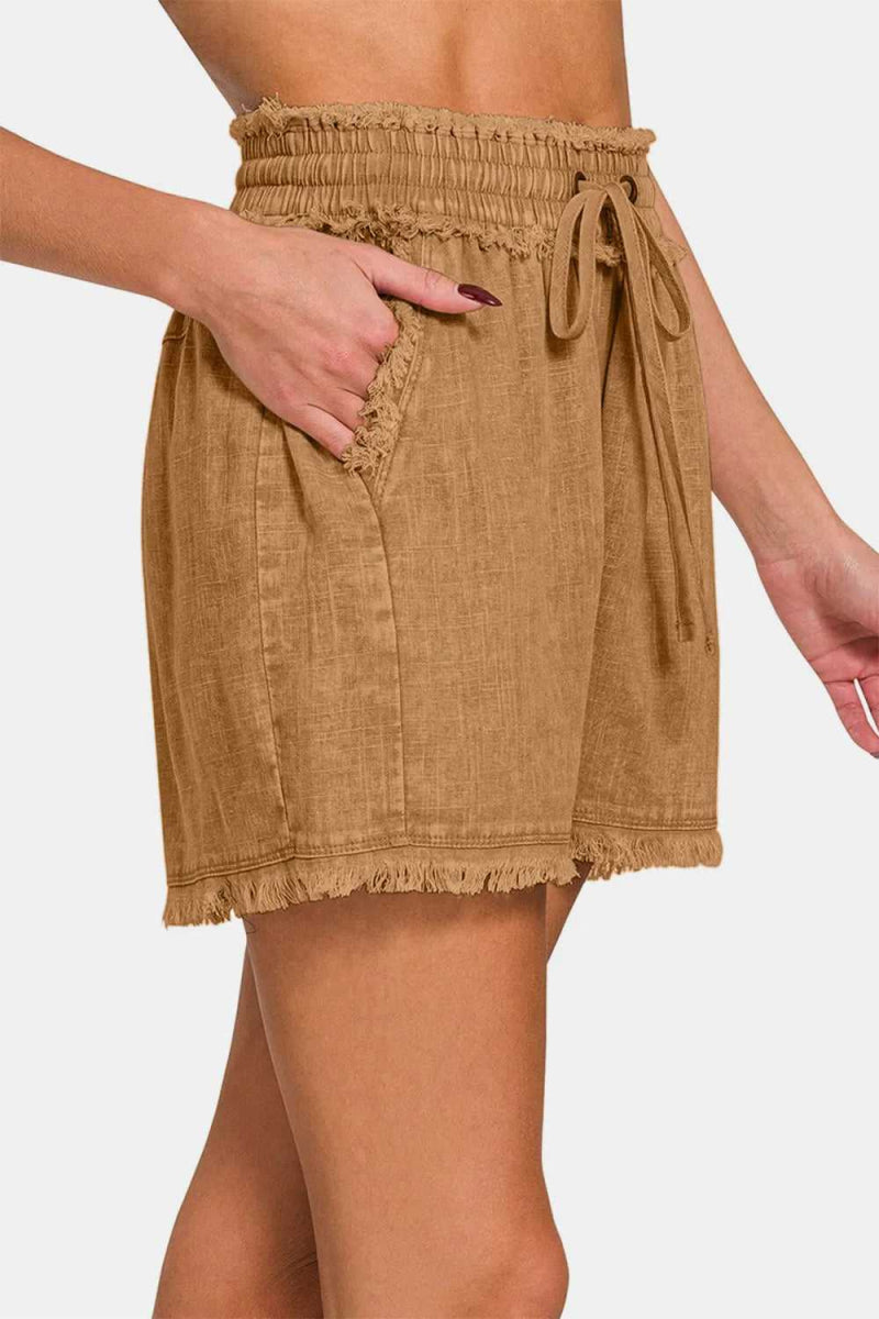 Zenana Washed Linen Frayed Hem Drawstring Shorts - Hopeford Streams