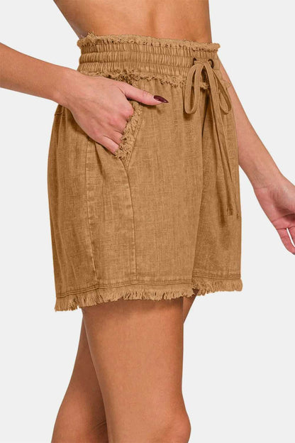Zenana Washed Linen Frayed Hem Drawstring Shorts - Hopeford Streams