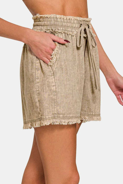 Zenana Washed Linen Frayed Hem Drawstring Shorts - Hopeford Streams