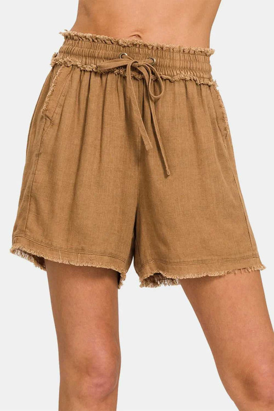 Zenana Washed Linen Frayed Hem Drawstring Shorts - Hopeford Streams
