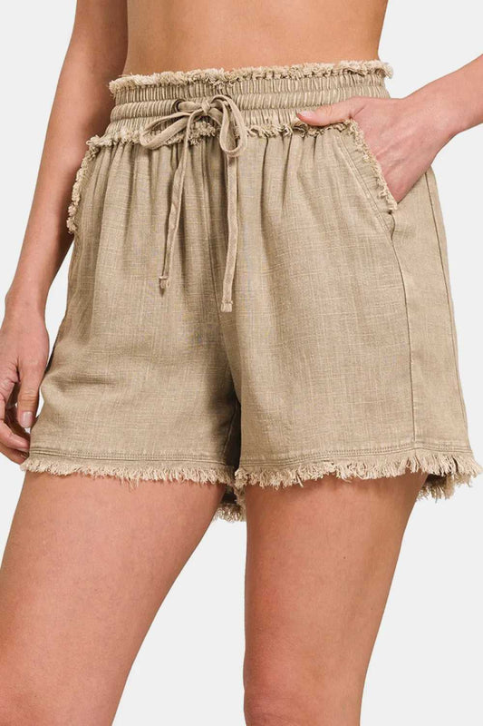 Zenana Washed Linen Frayed Hem Drawstring Shorts - Hopeford Streams