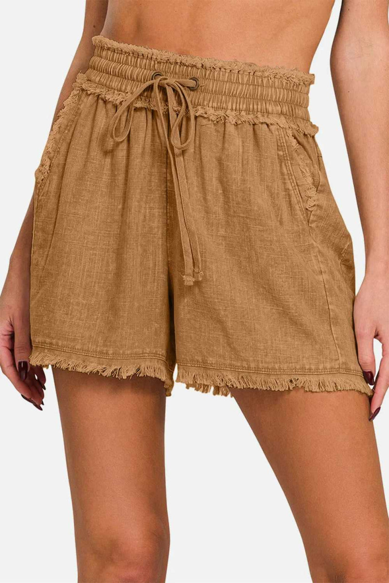 Zenana Washed Linen Frayed Hem Drawstring Shorts - Hopeford Streams