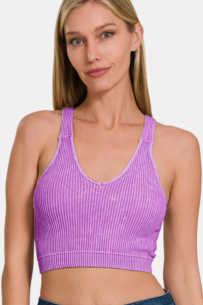 Zenana Washed Ribbed Cropped Bra Padded Tank - Hopeford Streams