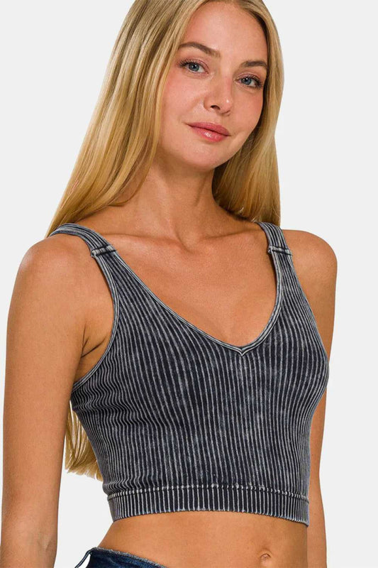 Zenana Washed Ribbed Cropped V - Neck Tank - Hopeford Streams