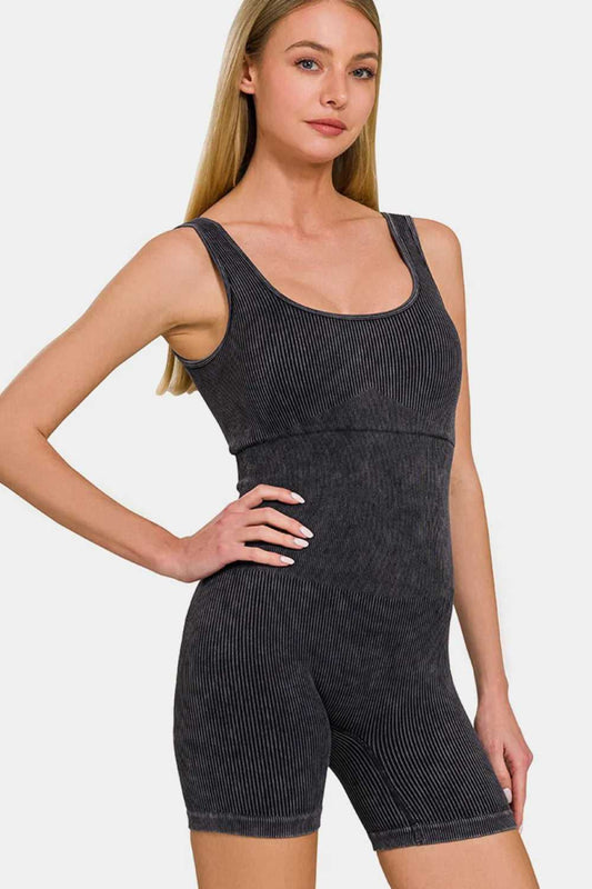 Zenana Washed Ribbed Romper with Pad - Hopeford Streams