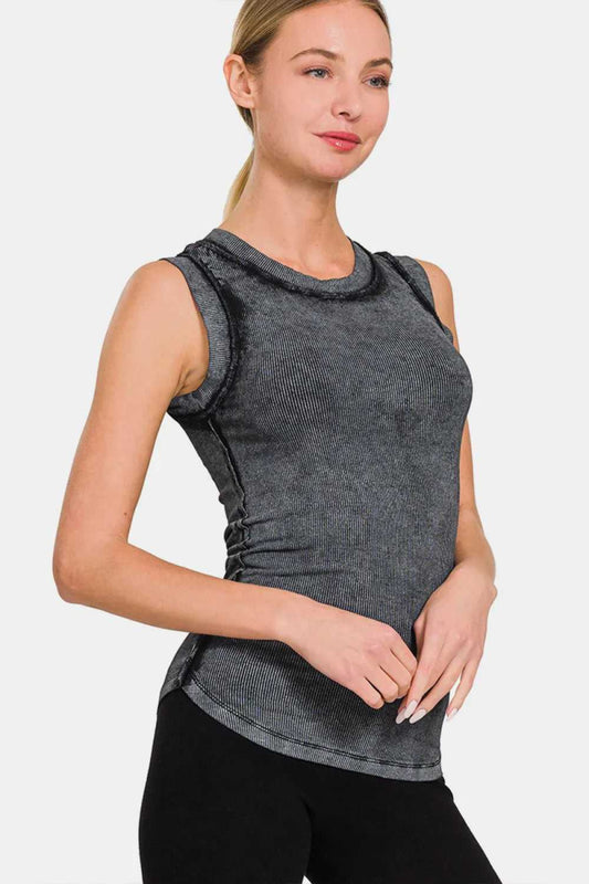 Zenana Washed Ribbed Round Neck Slim Tank - Hopeford Streams