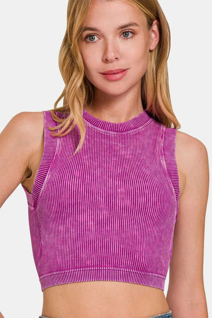 Zenana Washed Ribbed Seamless Crop Tank with Bra Pad - Hopeford Streams