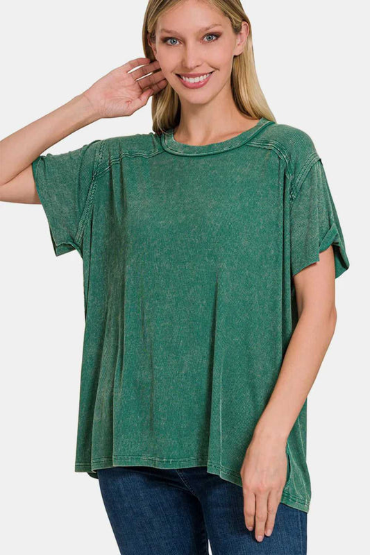 Zenana Washed Ribbed Short Sleeve Top - Hopeford Streams
