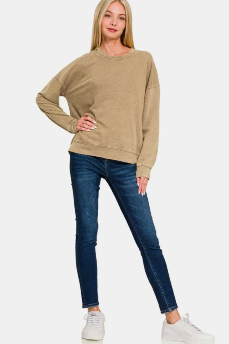 Zenana Washed Round Neck Dropped Shoulder Sweatshirt - Hopeford Streams