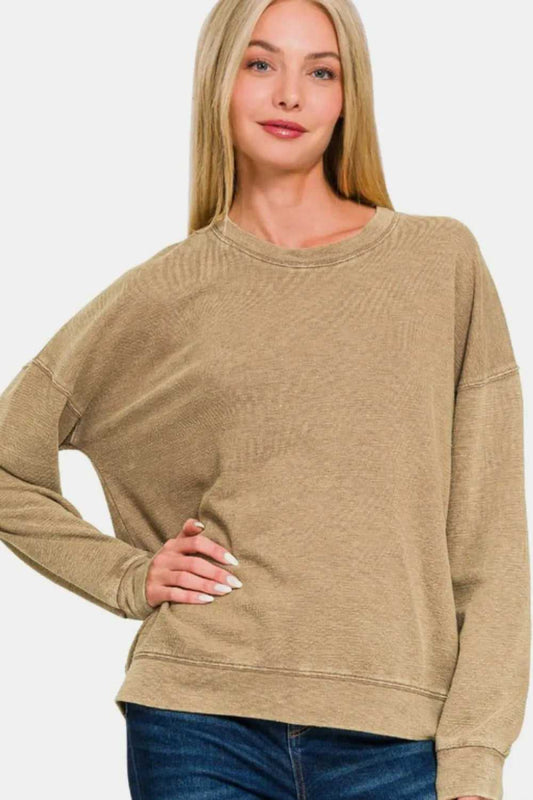 Zenana Washed Round Neck Dropped Shoulder Sweatshirt - Hopeford Streams