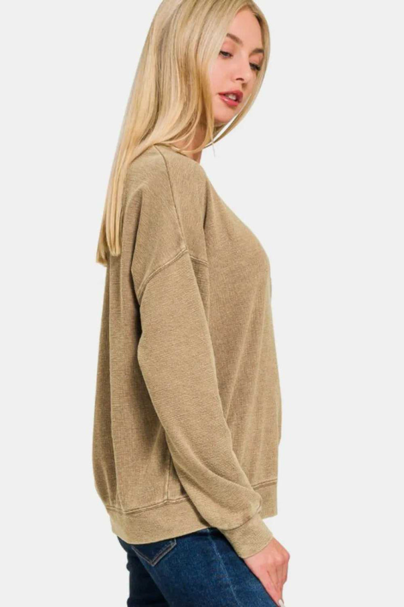 Zenana Washed Round Neck Dropped Shoulder Sweatshirt - Hopeford Streams