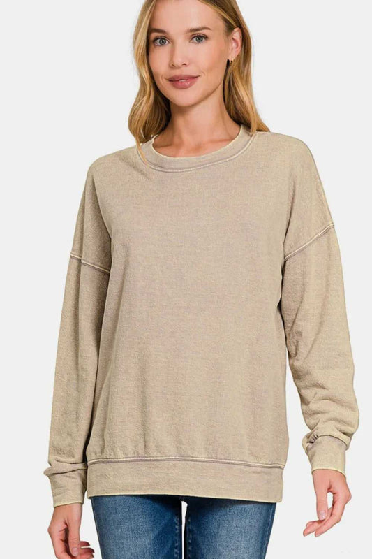 Zenana Washed Round Neck Dropped Shoulder Sweatshirt - Hopeford Streams